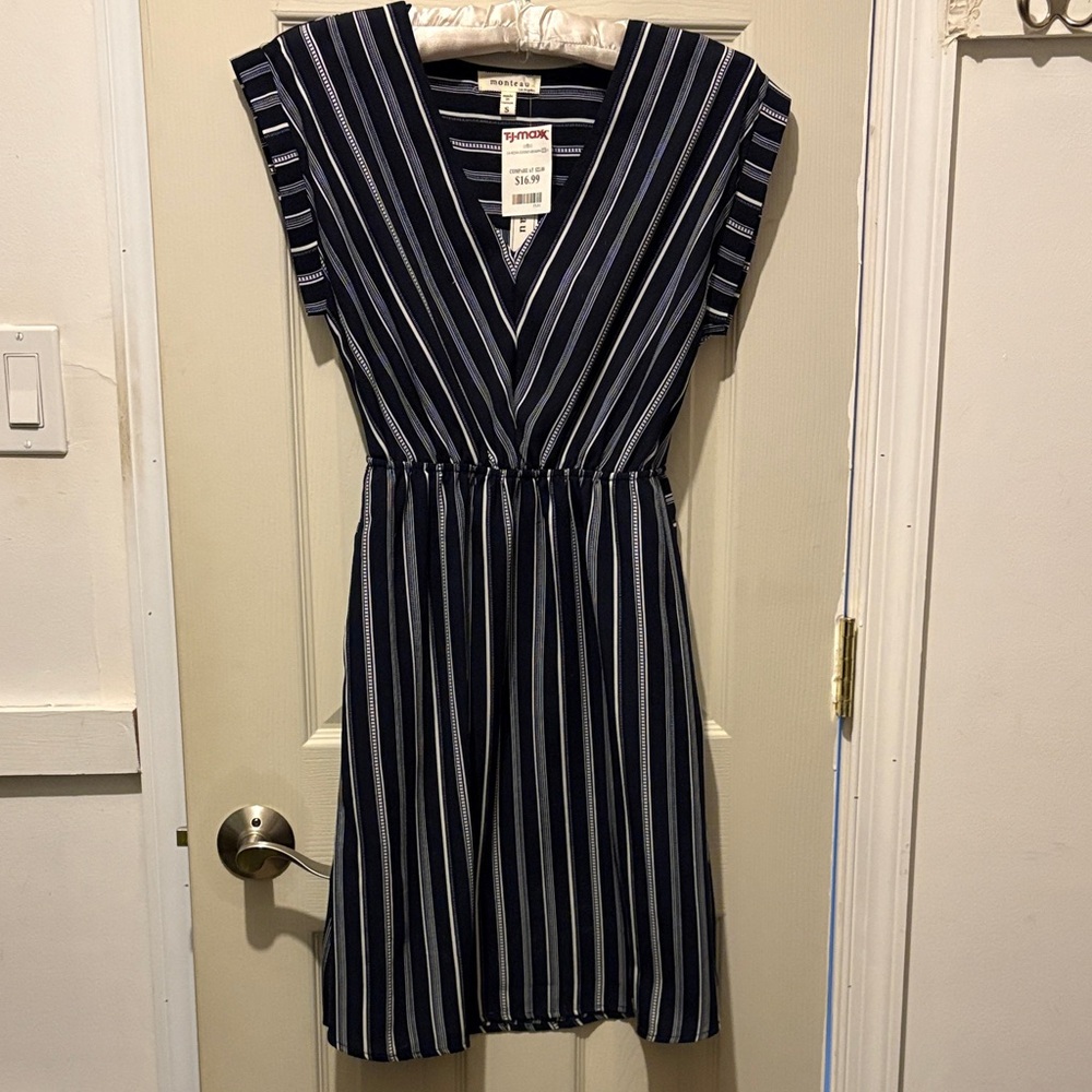 Monteau Navy and White Striped Midi Dress
